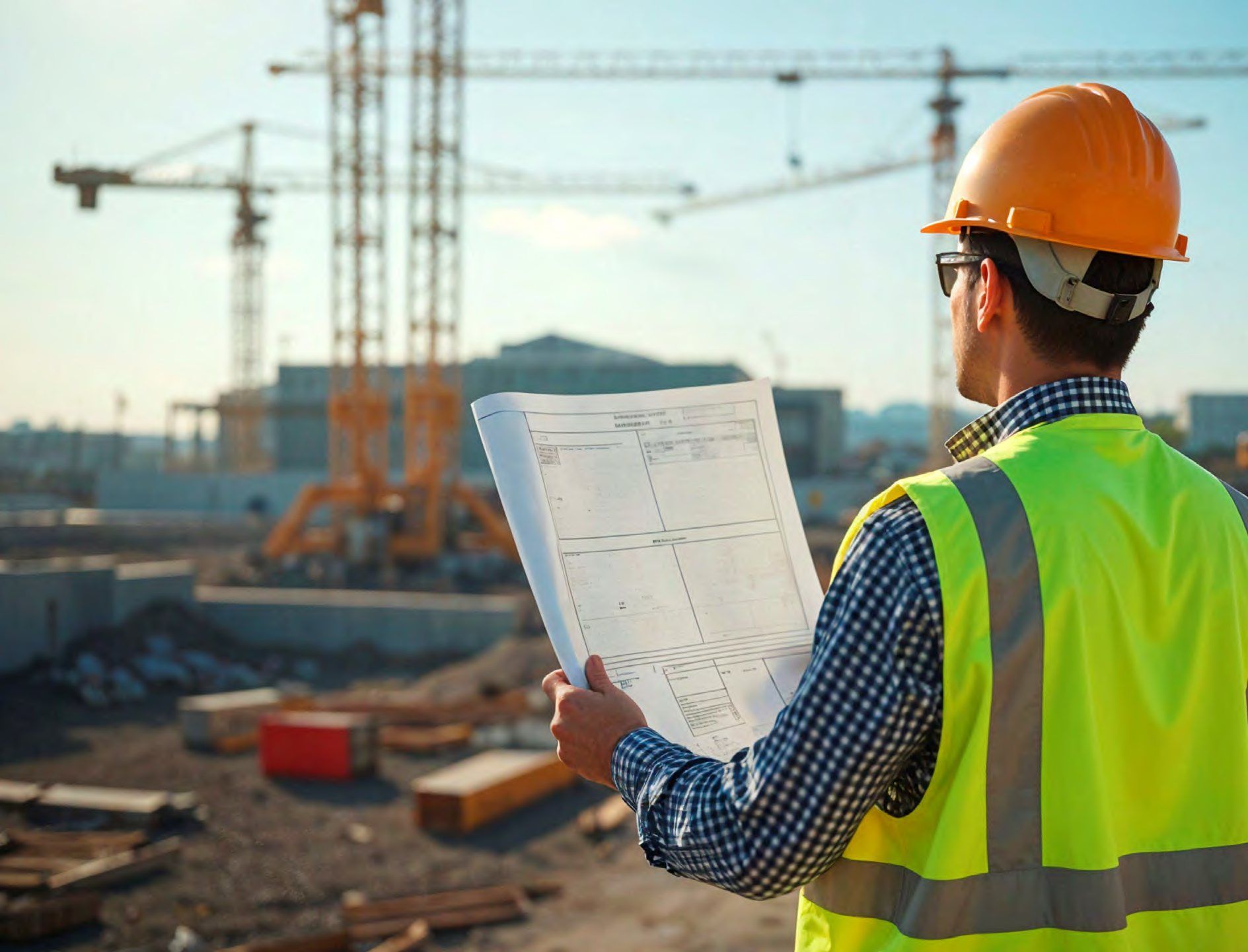 Ingénieur lisant un plan sur un chantier